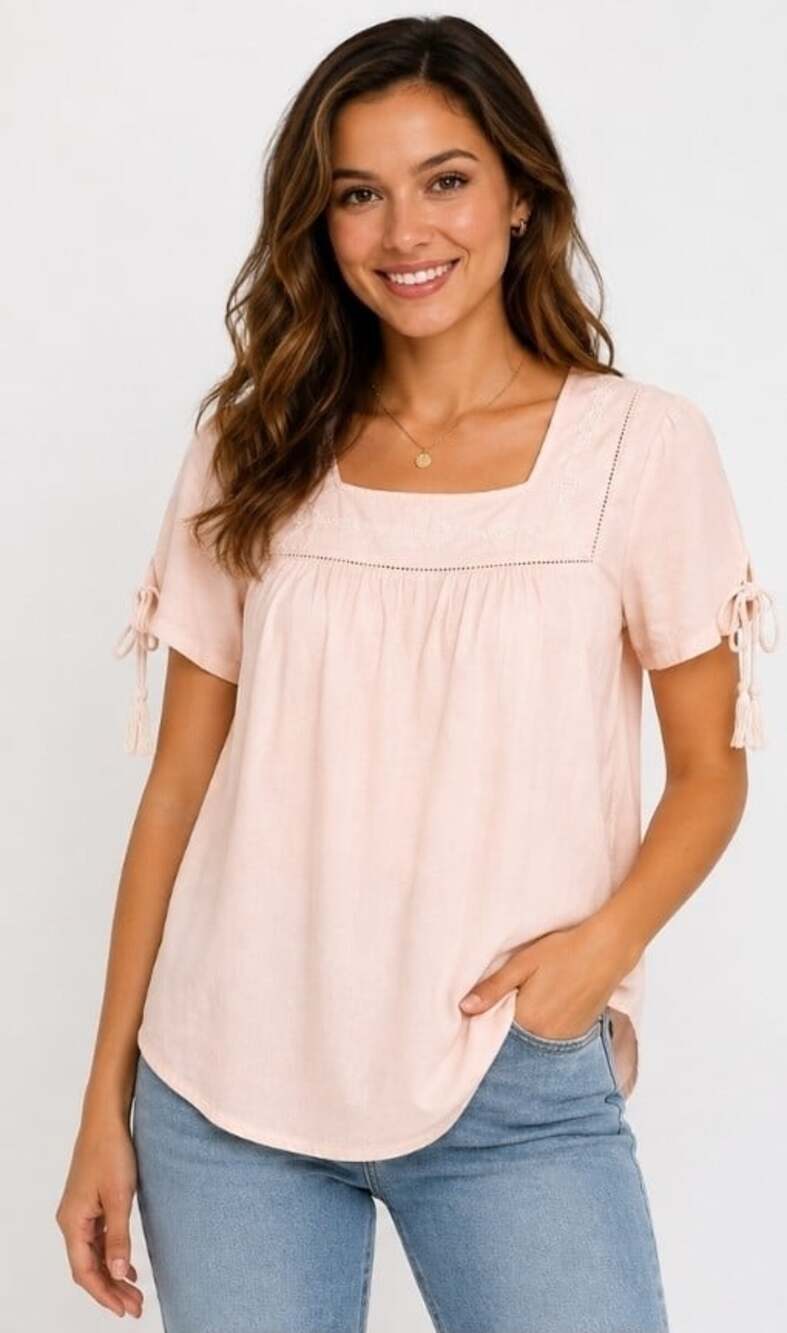 NWT Magazine  Soft Pink Cotton Boho  Square Neck Top Medium Embroidered CR60